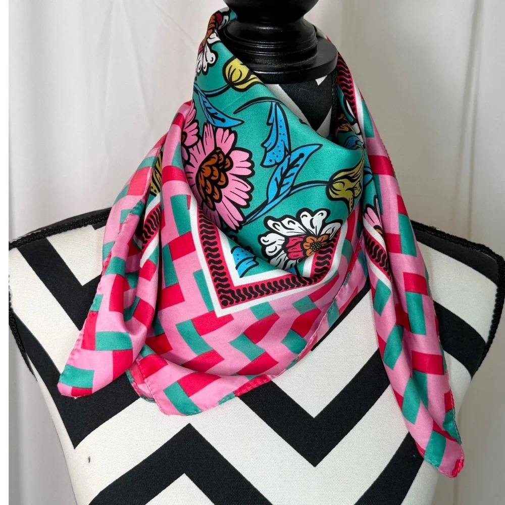 Zara Floral Geometric Square Scarf Pink Teal Green Silk Feel Neckerchief 26x28.5